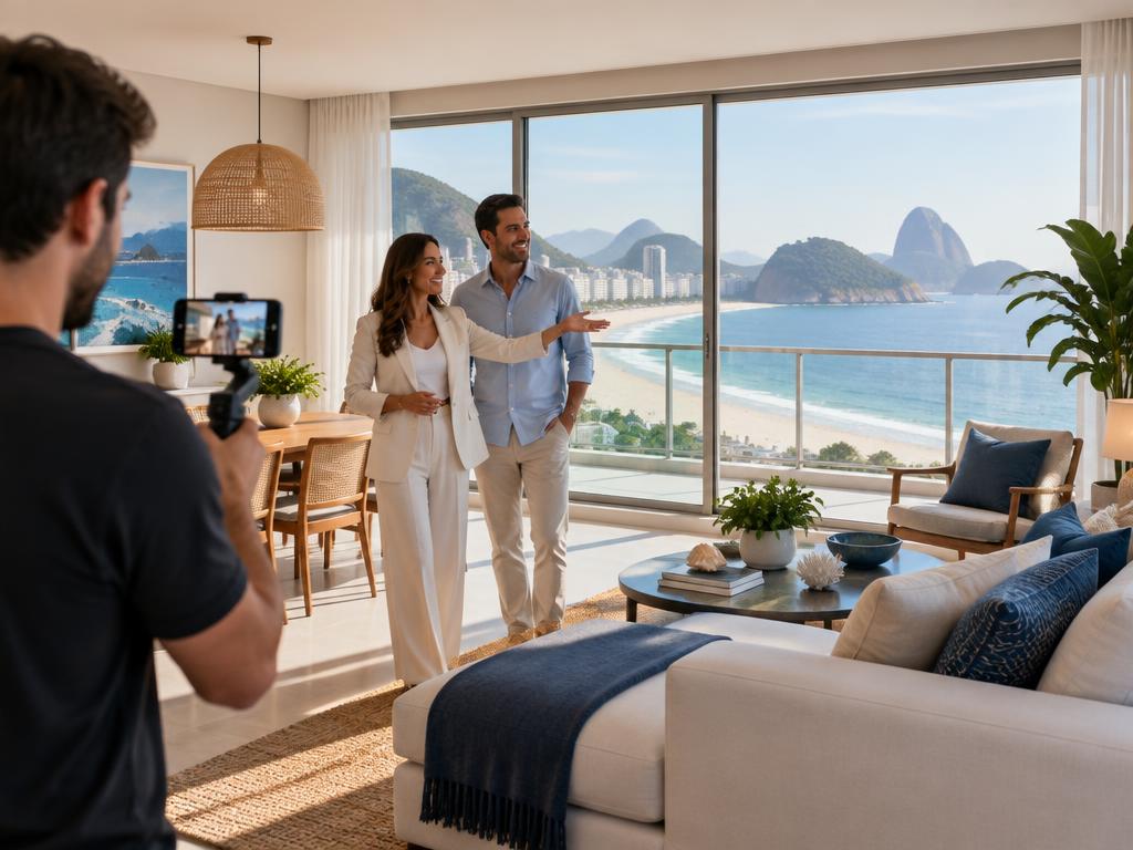 Visita presencial a imóvel na orla sendo filmada para cliente de outro estado